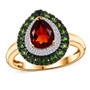 front view of a Madeira Citrine, Chrome Diopside, and Zircon pear-shaped double halo ring in 18K yellow gold over sterling silver, featuring a deep orange citrine center framed by green and white halos