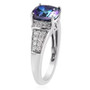 cushion cut mystic blue petalite ring with moissanite side stones set in rhodium over sterling silver elegant design