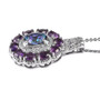 side profile of mystic blue petalite pendant with amethyst and zircon halo in rhodium over sterling silver showing gemstone depth