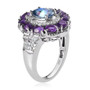 side view of mystic blue petalite amethyst and zircon double halo jewelry set in rhodium over sterling silver