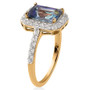 side profile of mystic blue petalite and white zircon halo ring in 18k yellow gold over sterling silver highlighting prong setting