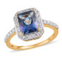front view of mystic blue petalite and white zircon radiant halo ring in 18k yellow gold over sterling silver