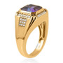 side view of mystic blue petalite and zircon asscher cut halo gents ring in 18k yellow gold over sterling silver