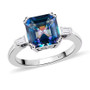 mystic blue petalite asscher cut ring with white topaz side stones set in rhodium over sterling silver