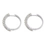 side profile of freshwater pearl hoop earrings in rhodium over sterling silver showing curved design and uniform pearl spacing