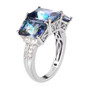 side view of mystic blue petalite and zircon radiant trilogy ring in rhodium over sterling silver