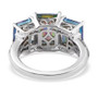 open view of mystic blue petalite and zircon radiant trilogy ring in rhodium over sterling silver
