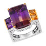 front view of ametrine amethyst and citrine open work euro shank ring in two-tone rhodium and 18k yellow gold over sterling silver