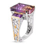 side profile of ametrine amethyst and citrine open work euro shank ring showing filigree pattern in rhodium and yellow gold