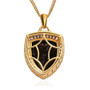open view of black spinel and white zircon shield cut halo pendant necklace in 18k yellow gold over sterling silver