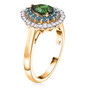 side view of tsavorite paraiba tourmaline and diamond halo ring in 14k yellow gold