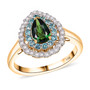 front view of tsavorite garnet paraiba tourmaline and diamond halo ring in 14k yellow gold