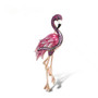 angled view of lab-grown pink sapphire and black spinel flamingo brooch in rose gold over sterling silver