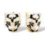 black and white enamel leopard head earrings with vivid green spinel eyes in a forward facing view