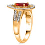 side view of fire opal and moissanite pear halo ring in 18k yellow gold over sterling silver