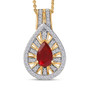 front view of fire opal and moissanite pear halo pendant necklace in 18k yellow gold over sterling silver