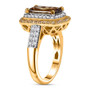 side view of andalusite white and champagne moissanite cushion double halo ring in 18k yellow gold over sterling silver