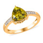 front view of yellow trillion tourmaline ring with white diamond accents set in classic 14k yellow gold band