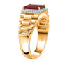 side view of fire opal and moissanite emerald cut halo gents ring in 18k yellow gold over sterling