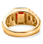 fire opal and moissanite emerald cut halo gents ring in 18k yellow gold over sterling