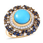 turquoise cabochon center halo ring with white moissanite and deep blue sapphires in 18k yellow gold over sterling silver front view