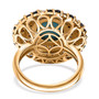 open view of turquoise multi sapphire and moissanite halo ring in 18k yellow gold over sterling silver