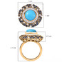 turquoise multi sapphire and moissanite halo ring in 18k yellow gold over sterling silver shown for size comparison