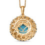 back view of turquoise halo pendant with open gold lattice undergallery and sapphire accents in 18k yellow gold over sterling silver