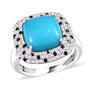 front view of turquoise sapphire cabochon and zircon ring in rhodium over sterling silver