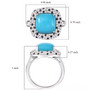 measurement image of turquoise sapphire and zircon halo ring showing dimensions and height in rhodium plated sterling silver