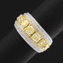 natural yellow and white diamond wide band ring in 14k yellow gold shown in a lifestyle photo