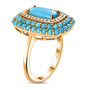 side view of turquoise and zircon halo ring in 18k yellow gold over sterling silver