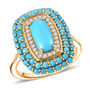 front view of turquoise and zircon halo ring in 18k yellow gold over sterling silver