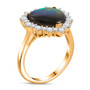 side view of ammolite and moissanite heart halo ring in 18k yellow gold over sterling silver