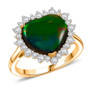 front view of ammolite and moissanite heart halo ring in 18k yellow gold over sterling silver
