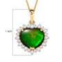 ammolite and moissanite heart halo pendant necklace in 18k yellow gold over sterling silver with measurements