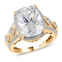 front view of two tone 10k yellow gold and white gold cushion moissanite ring
