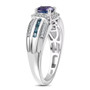 side view of tanzanite london blue topaz and zircon bypass ring in rhodium over sterling silver