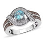 front view of blue zircon champagne and white zircon ring in rhodium over sterling silver