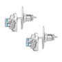 side view of blue and white zircon love knot halo stud earrings in rhodium over sterling silver