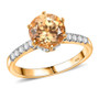 front view of imperial garnet and moissanite round crown solitaire ring in 18k yellow gold over sterling silver