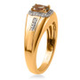 side view of golden tanzanite cushion and white zircon gents ring in 18k yellow gold over sterling silver