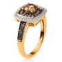 side view of golden tanzanite champagne and white zircon double halo ring in 18k yellow gold over sterling silver