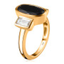 side view of black tourmaline and moissanite bezel set three stone ring in 18k yellow gold over sterling silver