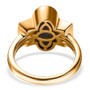 black tourmaline and moissanite bezel set three stone ring in 18k yellow gold over sterling silver