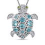front view of blue apatite chrome diopside and zircon turtle pendant necklace in rhodium over sterling silver