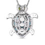 back view of blue apatite chrome diopside and zircon turtle pendant necklace in rhodium over sterling silver