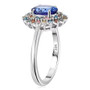 side view of tanzanite and multi color lab diamond oval double halo ring in 10k white gold