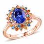 tanzanite and multi color lab diamond oval double halo ring in 10k rose gold front view
