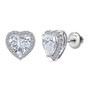 front view of lab diamond heart halo stud earrings in 950 platinum e-f vs